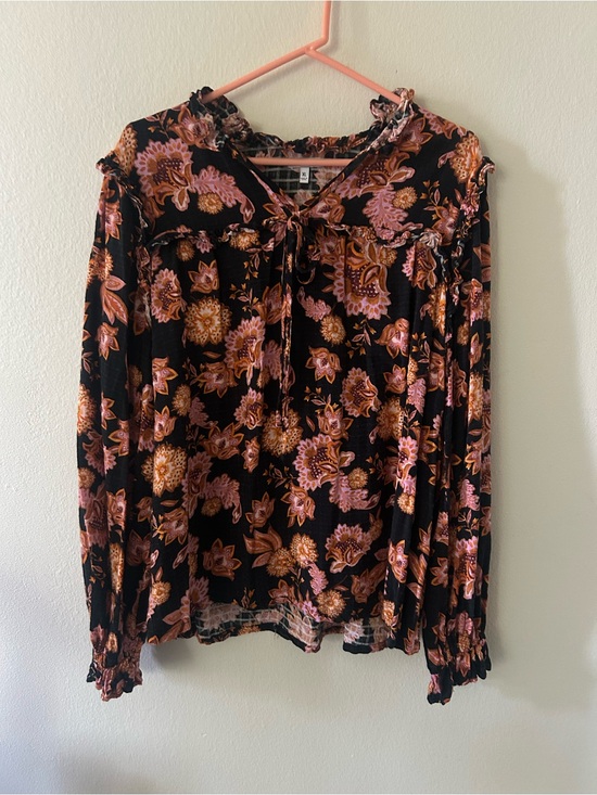 Theget Tops - The Get Floral Boho Tie-Neck Ruffle Blouse Black Pink Orange Garden Prairie XL